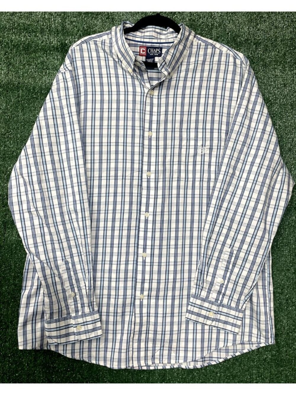 Chaps Shirt Mens 2XL Long Sleeve Button up Small Check Blue White Checkered